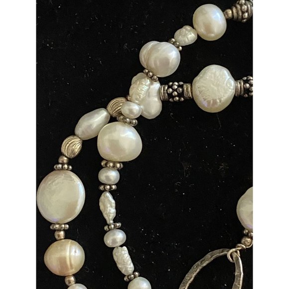 Genuine Baroque Coin Salt Water Pearls Crystals Necklace Sterling Silver - Picture 3 of 12